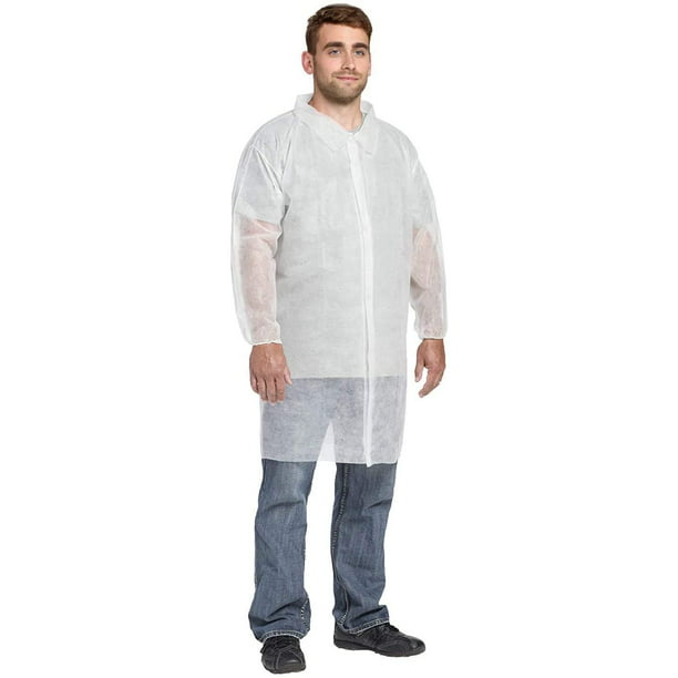 WHITE DISPOSABLE VISITORS LAB COAT HYGIENE FOOD SAFETY PPE XXL FASTENING X5